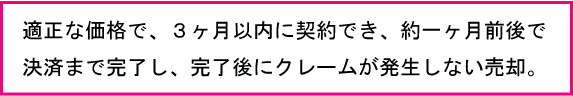 適正な価格で三ヶ月以内に契約でき、約一ヶ月前後で決済まで完了し、完了後にクレームが発生しない売却