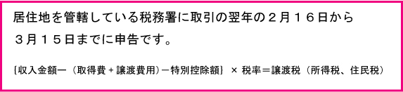 居住地を管轄している税務署に取引の翌年２月１６日～３月１５日までに申告です。